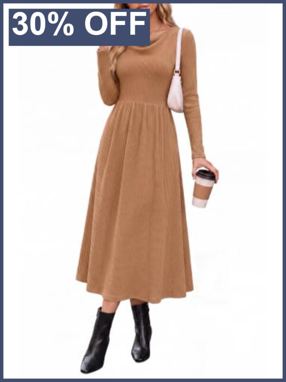 Ribbed Knit Midi Dress Cowl Neck Long Sleeve Fit Flare Casual